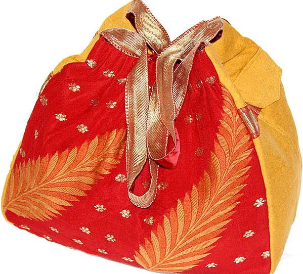 Amber and Red Banarasi Handbag with Side Pockets and Brocaded Leaves
