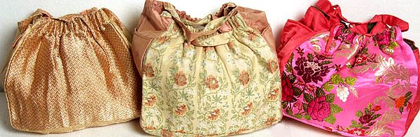 Lot of Three Banarasi Handbags with Brocade Weave and Side Pockets