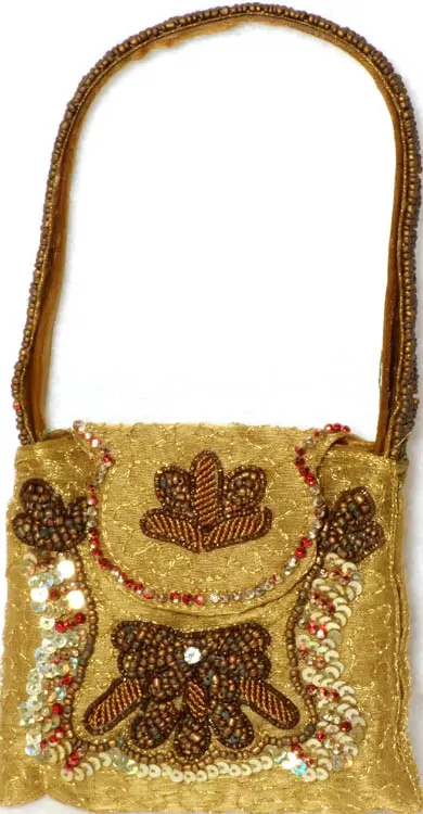 Golden Densely Embroidered Mobile Handbag with Sequins and Beads