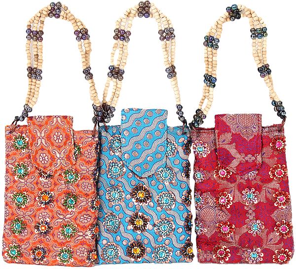 Lot of Three Beaded Mobile Bags from Banaras with Key Chain and Waist Hook
