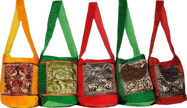 Lot of Five Brocaded Bags with Woven Peacocks and Elephants