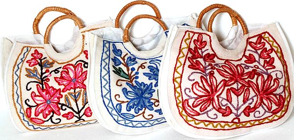 Lot of Three Tote Handbags with Crewel Embroidery from Kashmir