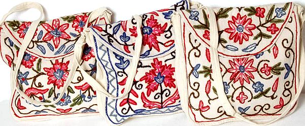 Lot of Three Sling Handbags with Crewel Embroidery from Kashmir