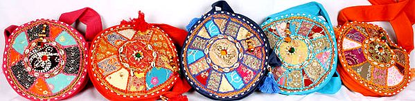 Lot of Five Round Bags with Embroidery and Beadworks