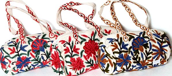 Lot of Three Barrel Bags with Aari Embroidery All-Over
