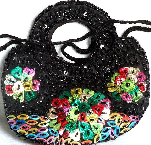 Black Handbag with Beads and Sequins Embroidered as Flowers