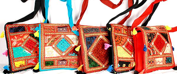 Lot of Five Kutch Handbags with Embroidery and Cowries