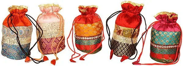 Lot of Five Drawstring Potli Bags with Brocade Weave