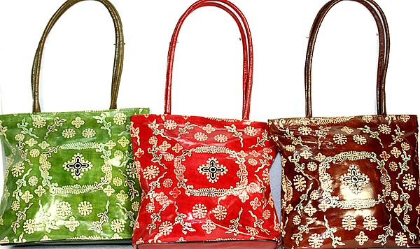 Lot of Three Double Handle Shantiniketan Bags with Floral Motifs