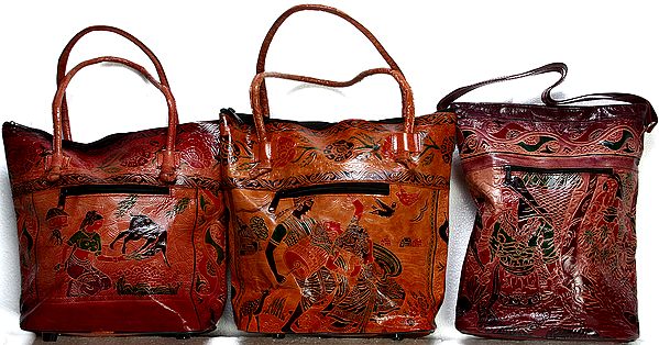 Lot of Three Double Handle Shantiniketan Bags with Folk Figures
