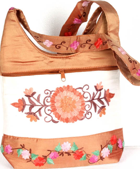 Brown and Ivory Kashmiri Handbag with Embroidered Flower