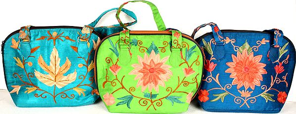 Lot of Three Kashmir Handbags with Crewel Embroidery