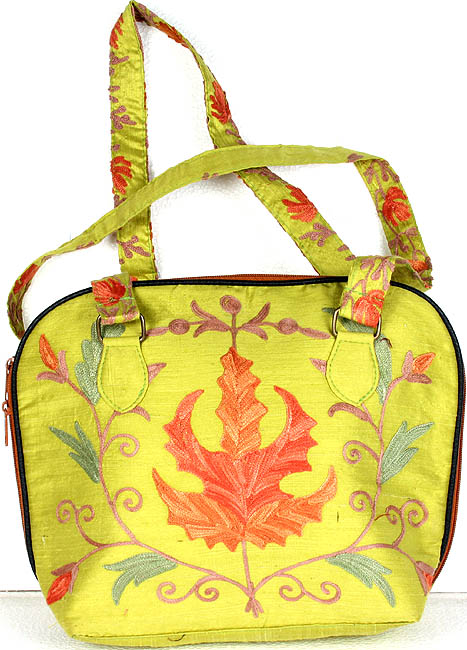 Light-Green Kashmiri Handbag with Embroidered Maple Leaf