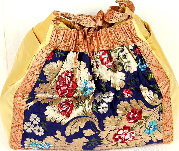 Banarasi Handbag with Side Pockets and Brocaded Flowers
