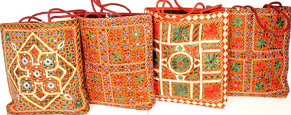 Lot of Four Densely Embroidered Handbags with Mirrors