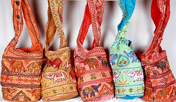 Lot of Five Bags with Sequins and Embroidered Elephants