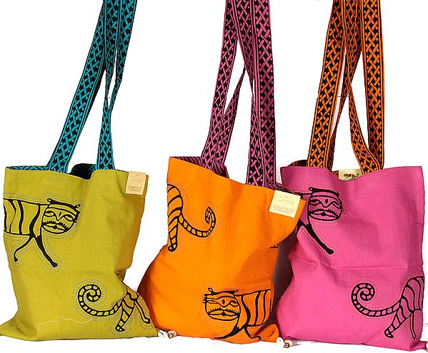 Lot of Three Jhola Bags from Ranthambore with Hand-Printed Tigers