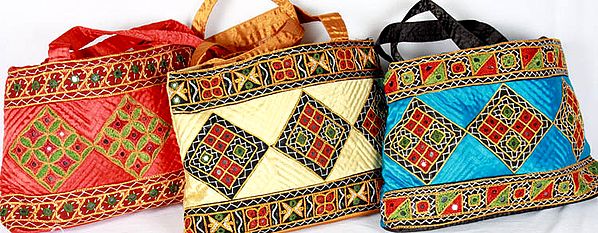 Lot of Three Hand-Bags from Kutch with Mirrors and Aari-Embroidery