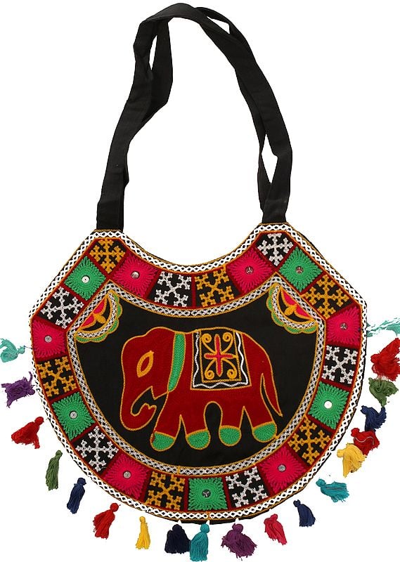 Multicolor Shoulder Bag from Kutch with Embroidered Bootis and Elephant