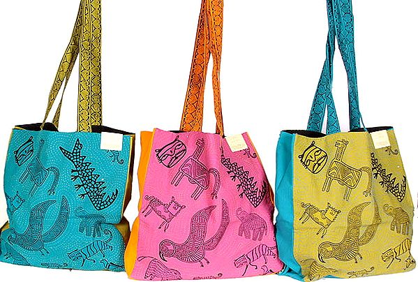 Lot of Three Kantha-Embroidered Shopper Bags from Ranthambore with Hand-Printed Wildlife
