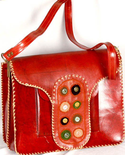 Mahagony Leather Handbag from Ajmer with Aari Embroidery on Satchel