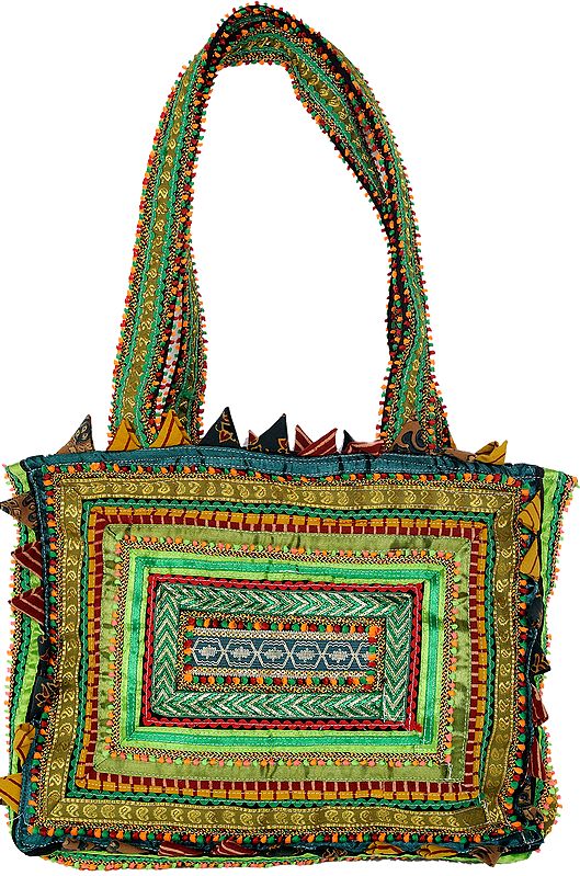Green Rabari Shoulder Bag from Kutch Made by Hand