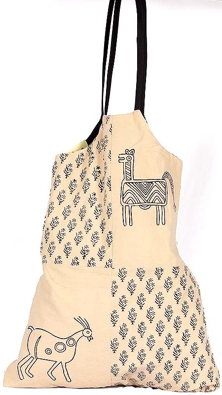 Beige Shoulder Bag from Ranthambore with Printed Deers