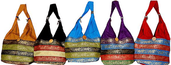 Lot of Five Shoulder Bags with Brocaded Elephants