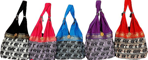 Lot of Five Shoulder Bags from Jaipur with Woven Elephants