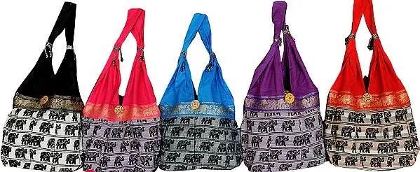 Lot of Five Shoulder Bags from Jaipur with Woven Elephants