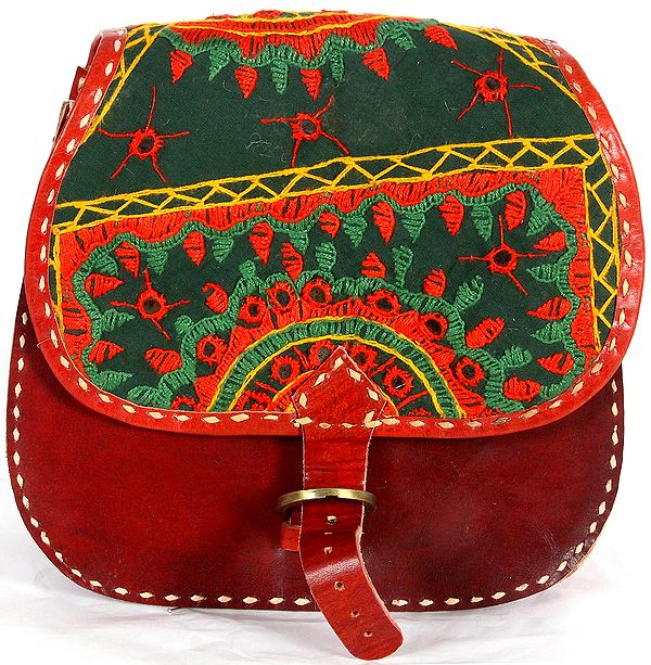 Mahogany Leather Satchel Handbag from Ajmer with Hand Aari Embroidery