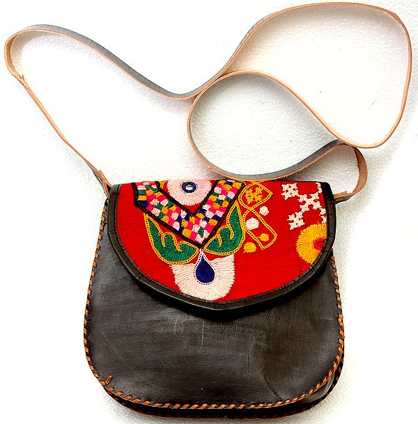 Coffee Leather Handbag from Ajmer with Hand Aari Embroidery and Mirrors