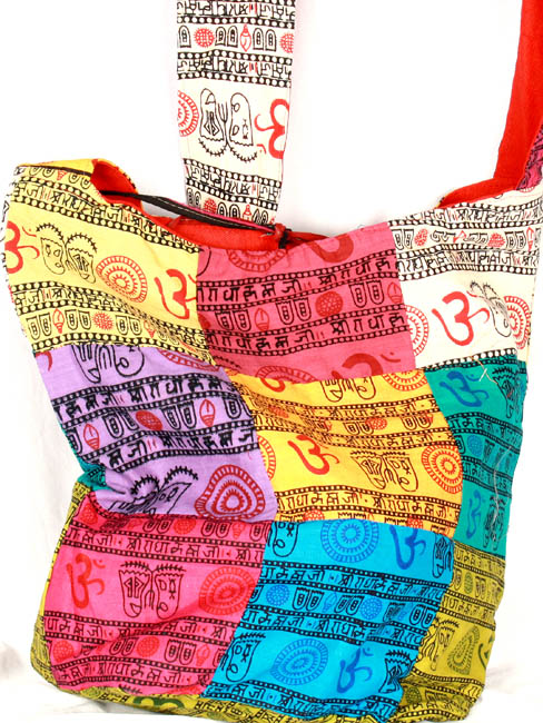 Multi-Color Om Shoulder Patchwork Bag with Printed Auspicious Motifs