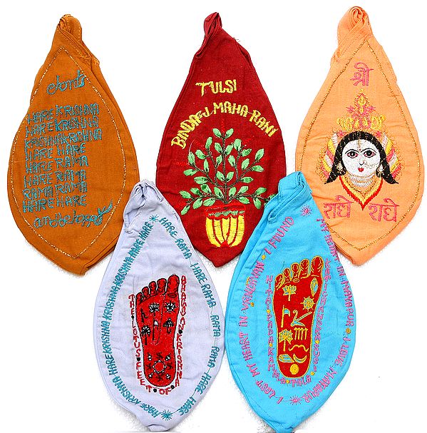 Lot of Five Embroidered Rosary Bags from Vrindavan