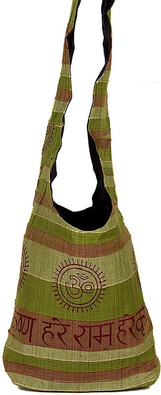 Olive Green Jhola Bag with Printed Hare Rama Hare Krishna Mantra