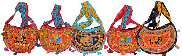 Lot of Five Shopper Bags from Kutch with Embroidered Elephant and Mirrors