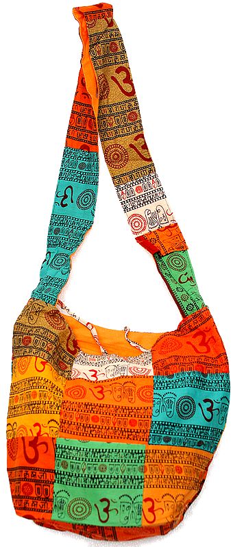 Green and Orange Om Shoulder Patchwork Bag with Printed Auspicious Motifs