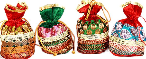 Lot of Four Drawstring Potli Bags with Brocade Weave