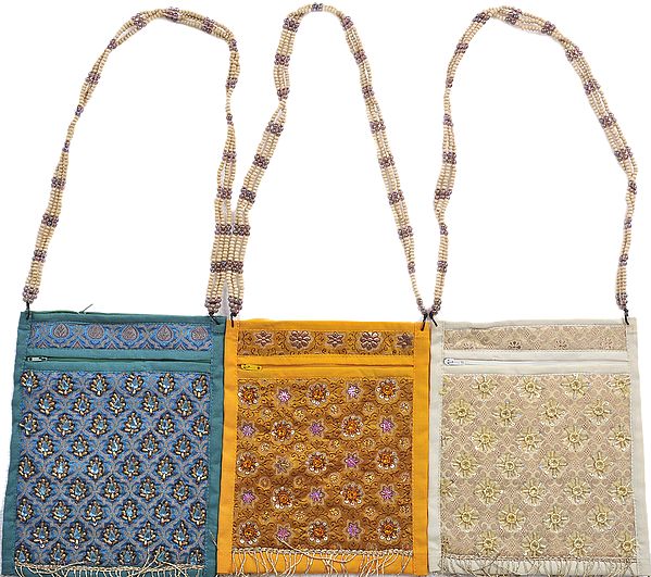 Lot of Three Brocaded Passport Bags from Banaras with Embroidered Beads by Hand