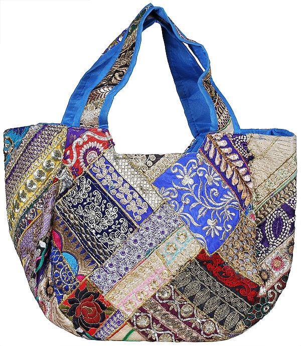 Shoulder Bag from Kutch with Floral Embroidery and Sequins
