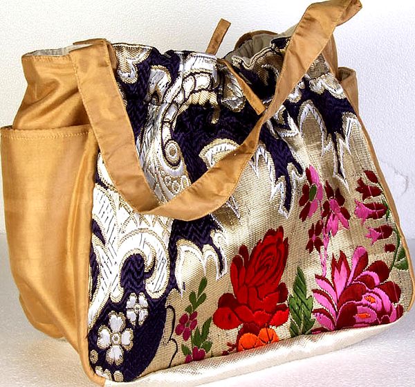 Banarasi Handbag with Side Pockets and Brocaded Flowers