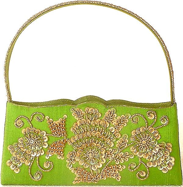 Bright Green Handbag with Sequins and Bead Work