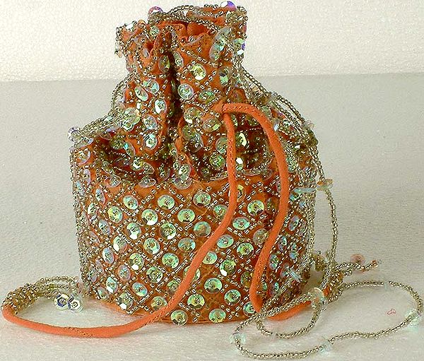 Drawstring Sequined Bag with Beaded Sling