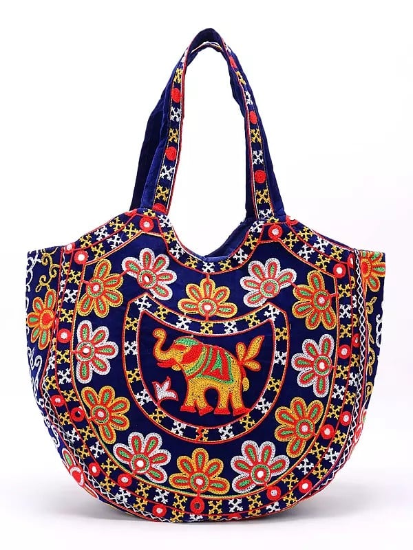 Velvet Shoulder Bag from Kutch with Multicolor Embroidered Elephant