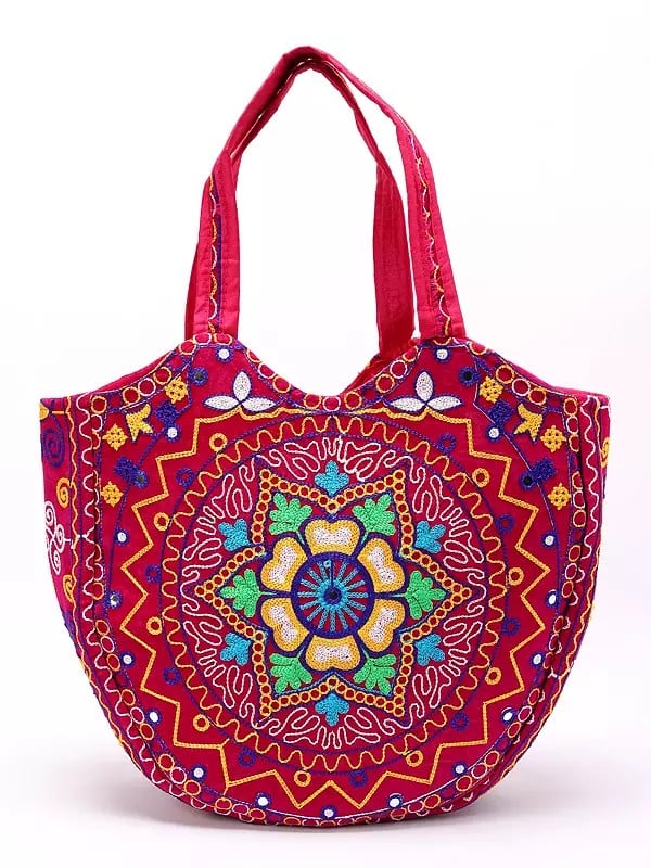 Raspberry-Coulis Aari Embroidered Shoulder Bag from Gujarat