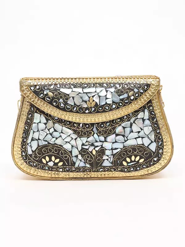 Handmade Mosaic work Metal Clutch Hand Bag with Chain Strap