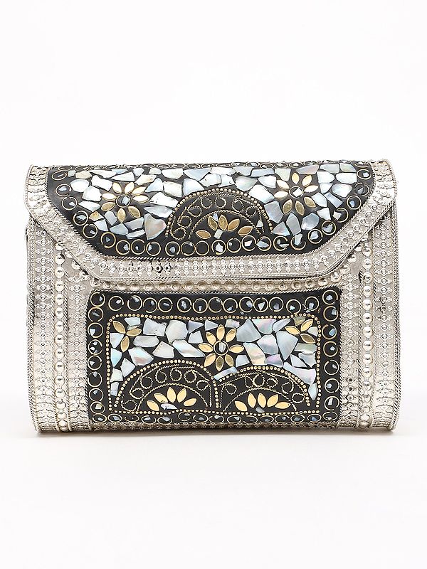 Handmade Metal Clutch Bag with Mosaic Stone work with Detachable Chain Strap
