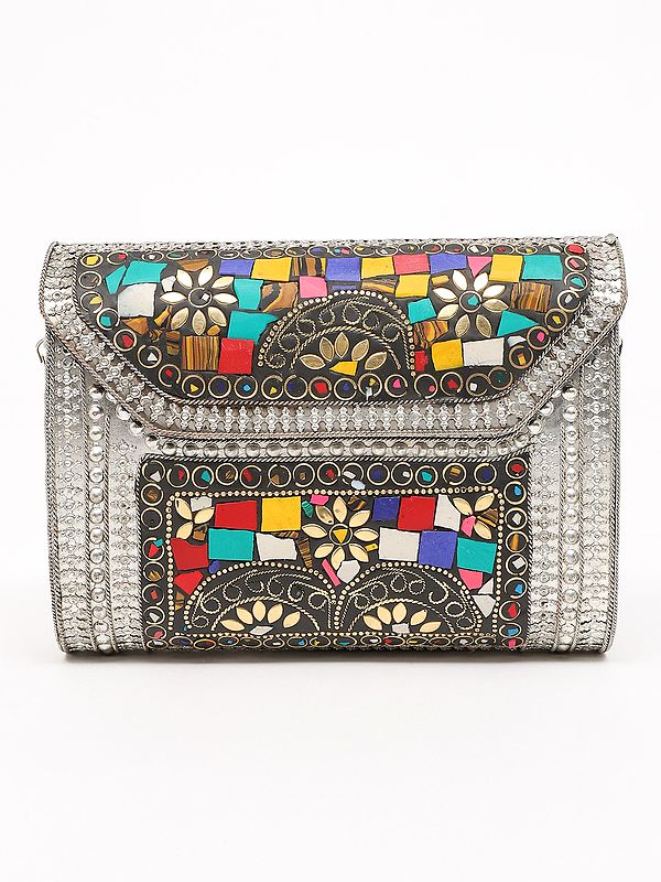 Multicolor Mosaic Stone Metal Clutch Bag with Chain Strap