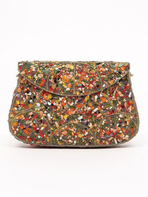 Rainbow Stone Studded Handmade Metal Clutch Bag with Shoulder Chain