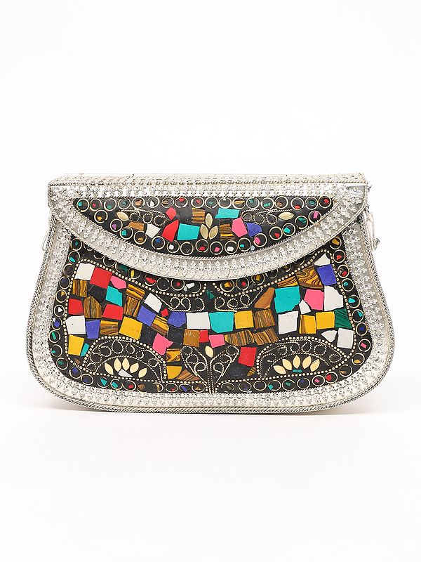 Handmade Multicolor Mosaic Stone Clutch Hand Bag with Chain Strap
